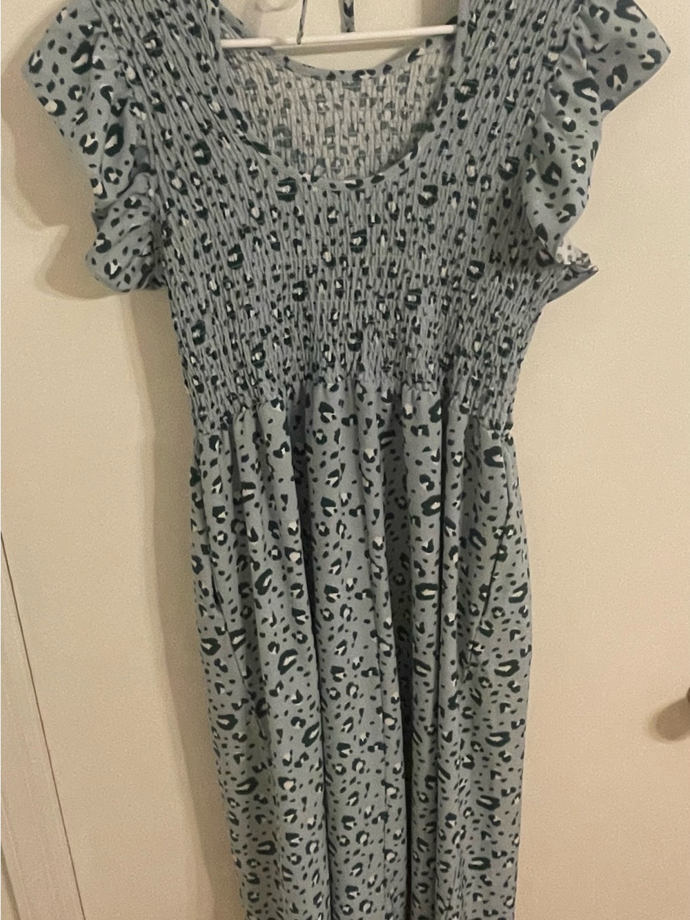 Smocked Midi Dress in Sage Green Animal Print